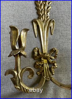 Brass Wheat Stalk & Ribbon Candle Holder Wall Sconce Vtg Handcrafted MCM