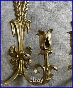 Brass Wheat Stalk & Ribbon Candle Holder Wall Sconce Vtg Handcrafted MCM