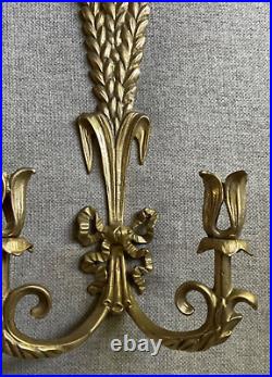 Brass Wheat Stalk & Ribbon Candle Holder Wall Sconce Vtg Handcrafted MCM