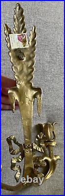 Brass Wheat Stalk & Ribbon Candle Holder Wall Sconce Vtg Handcrafted MCM