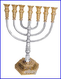 Brass copper with silver & gold plate 18 Temple Menorah Jerusalem candle holder