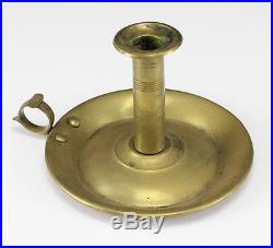 Brass or Bronze Chamberstick, 18th century, round drip pan, loop finger grip
