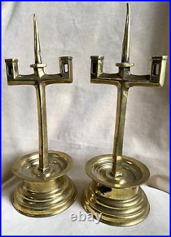 C1825 English Victorian BRASS DOUBLE SOCKET DUTCH Candle Pricket Stick Pair