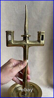 C1825 English Victorian BRASS DOUBLE SOCKET DUTCH Candle Pricket Stick Pair