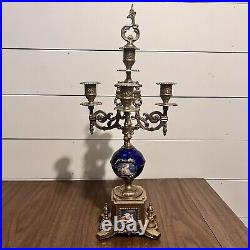 Candelabra Italian Brass Cobalt Blue Ornate Imperial Candle Stick Holder 1920s