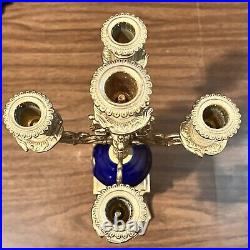 Candelabra Italian Brass Cobalt Blue Ornate Imperial Candle Stick Holder 1920s