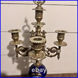 Candelabra Italian Brass Cobalt Blue Ornate Imperial Candle Stick Holder 1920s