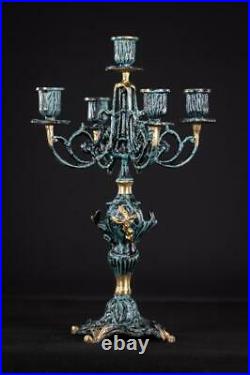 Candelabra Pair 2 Candle Holders Gilded and Patinated Bronze Brass 15.6