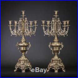 Candelabra Pair Two Bronze Candle Holders 2 Antique Brass 6 Lights 24