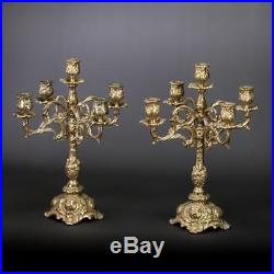 Candelabra Pair Two Candle Holders Baroque Gilt Brass 5 Lights Arms 14