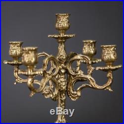 Candelabra Pair Two Candle Holders Baroque Gilt Brass 5 Lights Arms 14