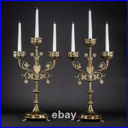 Candelabra Pair Two Candle Holders Brass Gothic Gilt Bronze 3 Arms 20