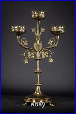 Candelabra Pair Two Candle Holders Brass Gothic Gilt Bronze 3 Arms 20
