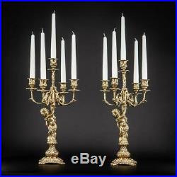 Candelabra Pair Two Candle Holders Gilded Bronze Brass Baroque 5 Lights 17