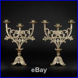 Candelabra Pair Two French Candle Holders Bronze Brass Three Arms 14