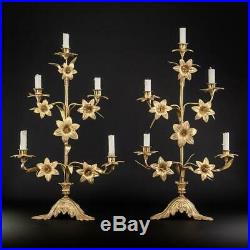 Candelabras Pair Two Brass Candle Holders 5 Lights Arms Antique Bronze 23