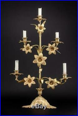 Candelabras Pair Two Brass Candle Holders 5 Lights Arms Antique Bronze 23