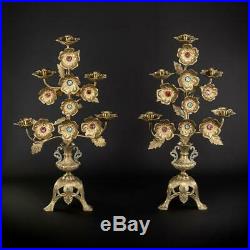 Candelabras Pair Two Bronze Candle Holders 5 Lights Arms Antique Brass 22