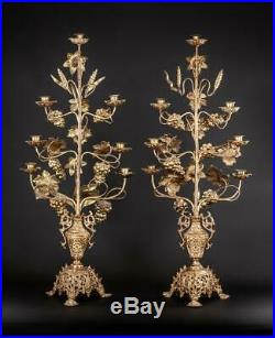 Candelabras Pair Two Bronze Candle Holders 6 Lights Arms Antique Brass 32