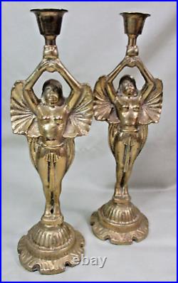 Candle Holders Art Nouveau Brass Woman Shape Vintage 9 Inches High