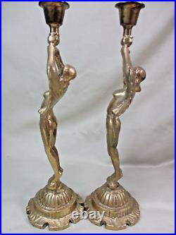 Candle Holders Art Nouveau Brass Woman Shape Vintage 9 Inches High