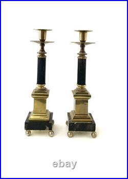 Candlestick Holder Brass Marble Pair Vintage Empire Style MCM Decor