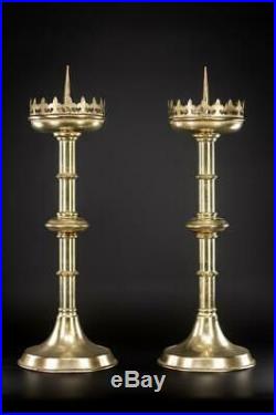 Candlestick Pair 2 French Brass Pricket Candle Holders Two Gothic 22