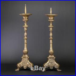 Candlestick Pair Two Candle Holders 2 Bronze Brass Church Antique 25