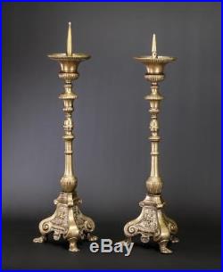 Candlestick Pair Two Candle Holders 2 Bronze Brass Church Antique 25