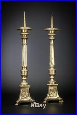 Candlestick Pair Two Candle Holders Antique Gilt Church Gilded Brass 19