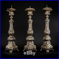 Candlestick Set Three Antique French Brass Candle Holder Church Mary 24