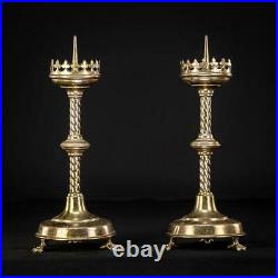 Candlesticks Pair French Antique Brass Candle Holders Lion Paw Feet 12.2