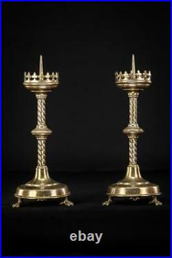 Candlesticks Pair French Antique Brass Candle Holders Lion Paw Feet 12.2