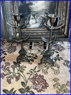 Candlesticks Pair Two French Gothic Pricket Bronze Candle Holders