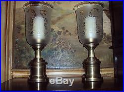 Chapman Antique Brass Hurricane Candleholders (2) Etched Glass France/Rare