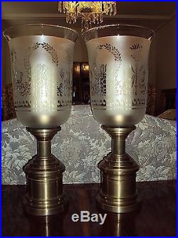 Chapman Antique Brass Hurricane Candleholders (2) Etched Glass France c1990 Rare