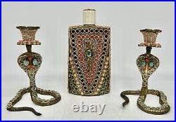 Cobra Brass Candle Holders & Bottle, Embellished, Vintage