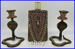 Cobra Brass Candle Holders & Bottle, Embellished, Vintage