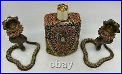 Cobra Brass Candle Holders & Bottle, Embellished, Vintage