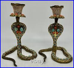 Cobra Brass Candle Holders & Bottle, Embellished, Vintage