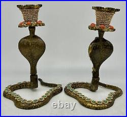 Cobra Brass Candle Holders & Bottle, Embellished, Vintage