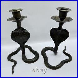 Cobra Brass Candle Holders Pair Old India Carved Unpolished Patina Art Deco