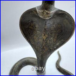 Cobra Brass Candle Holders Pair Old India Carved Unpolished Patina Art Deco