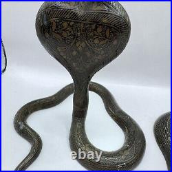 Cobra Brass Candle Holders Pair Old India Carved Unpolished Patina Art Deco