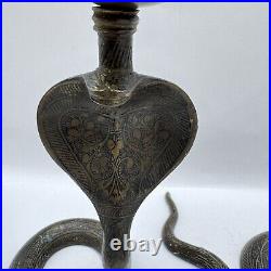 Cobra Brass Candle Holders Pair Old India Carved Unpolished Patina Art Deco