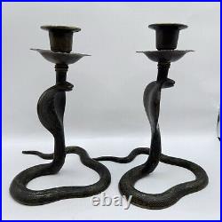 Cobra Brass Candle Holders Pair Old India Carved Unpolished Patina Art Deco