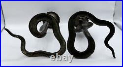 Cobra Brass Candle Holders Pair Old India Carved Unpolished Patina Art Deco