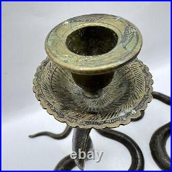 Cobra Brass Candle Holders Pair Old India Carved Unpolished Patina Art Deco