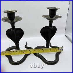 Cobra Brass Candle Holders Pair Old India Carved Unpolished Patina Art Deco