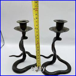 Cobra Brass Candle Holders Pair Old India Carved Unpolished Patina Art Deco